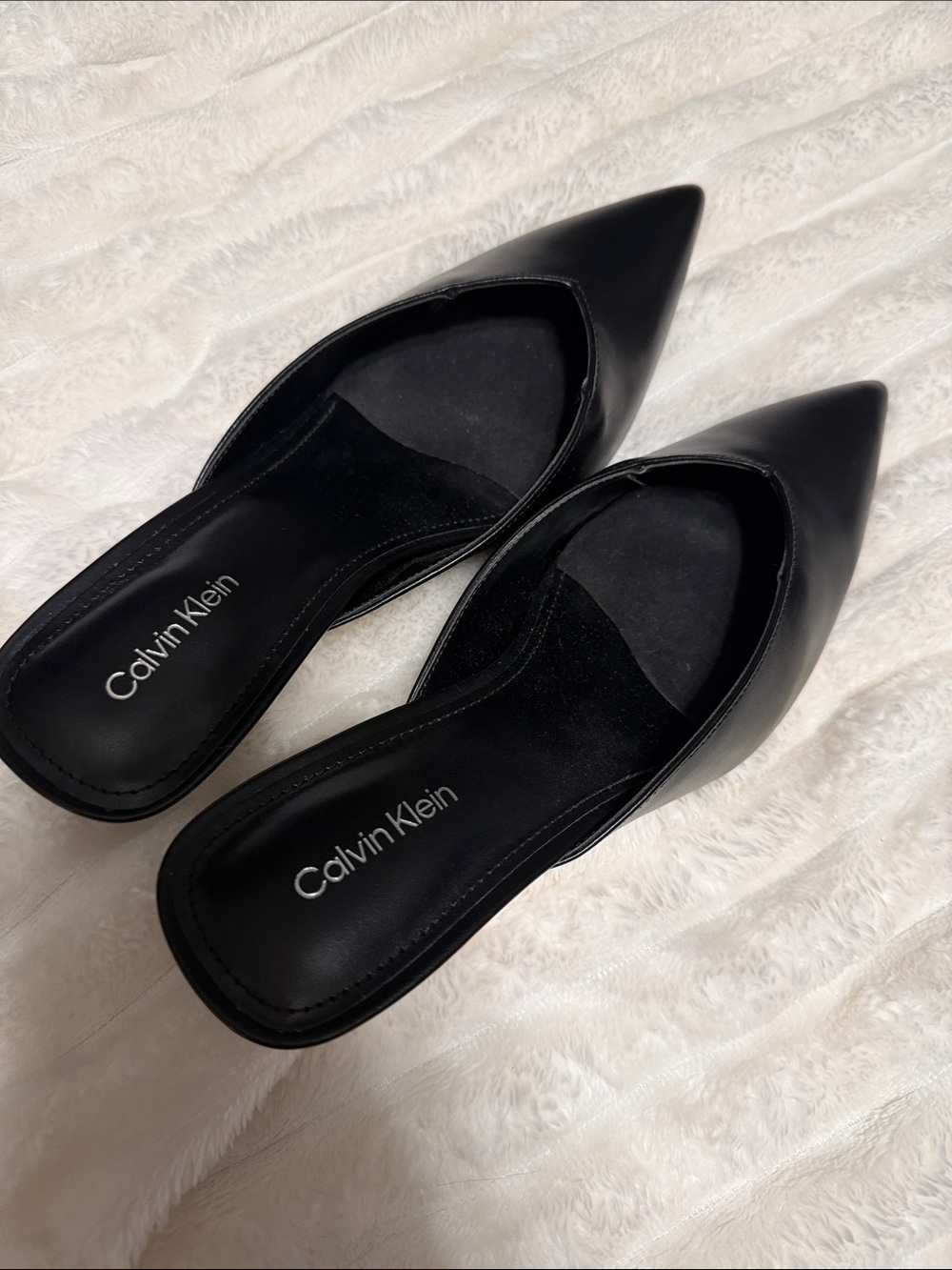 Calvin Klein Black Pointed Toe Leather Slide Mules